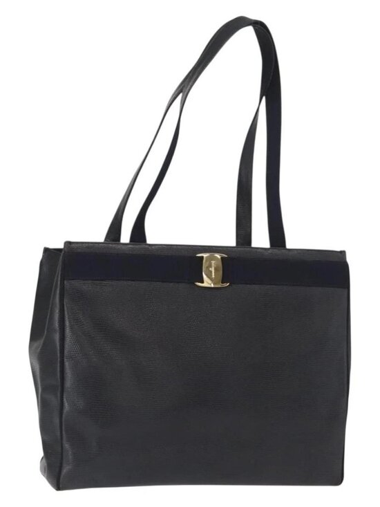 Salvatore Ferragamo Handbags - Salvatore Ferragamo Vala Tote Bag Leather Navy Gold Auth BA8751